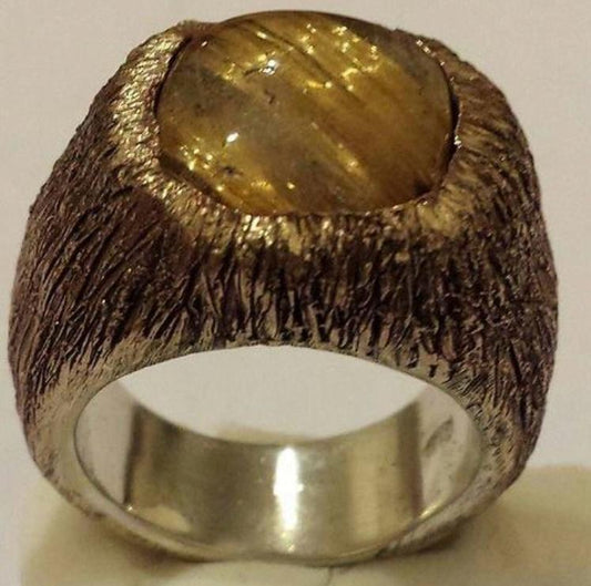 Anello bronzo argento palladio e quarzo rutilato.